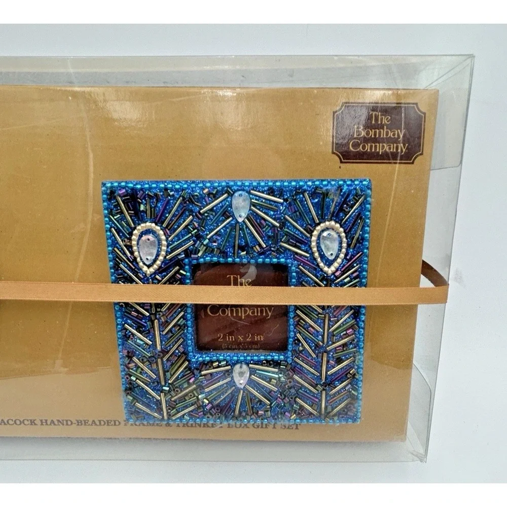 The Bombay Co Blue Peacock Hand Beaded Mirror And Trinket Box Gift Set New